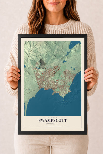 Swampscott, Massachusetts map print - 12 x 18 black Ayous wood frame