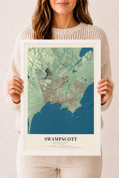 Swampscott, Massachusetts map print - 12 x 18 white Ayous wood frame