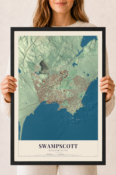 Swampscott, Massachusetts map print - 18 x 24 black Ayous wood frame
