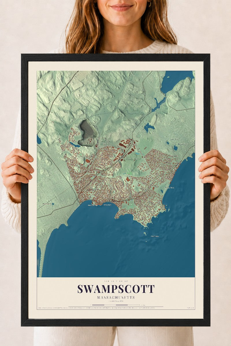 Swampscott, Massachusetts map print - 18 x 24 black Ayous wood frame