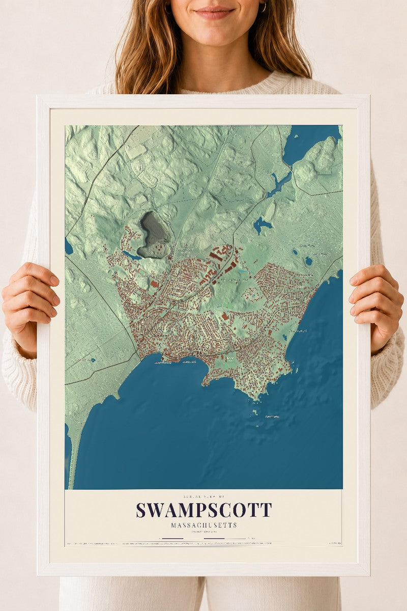 Swampscott, Massachusetts map print - 18 x 24 white Ayous wood frame