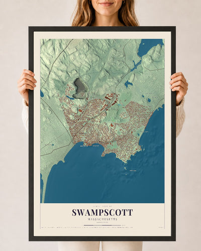 Swampscott, Massachusetts map print - 24 x 36 black Ayous wood frame