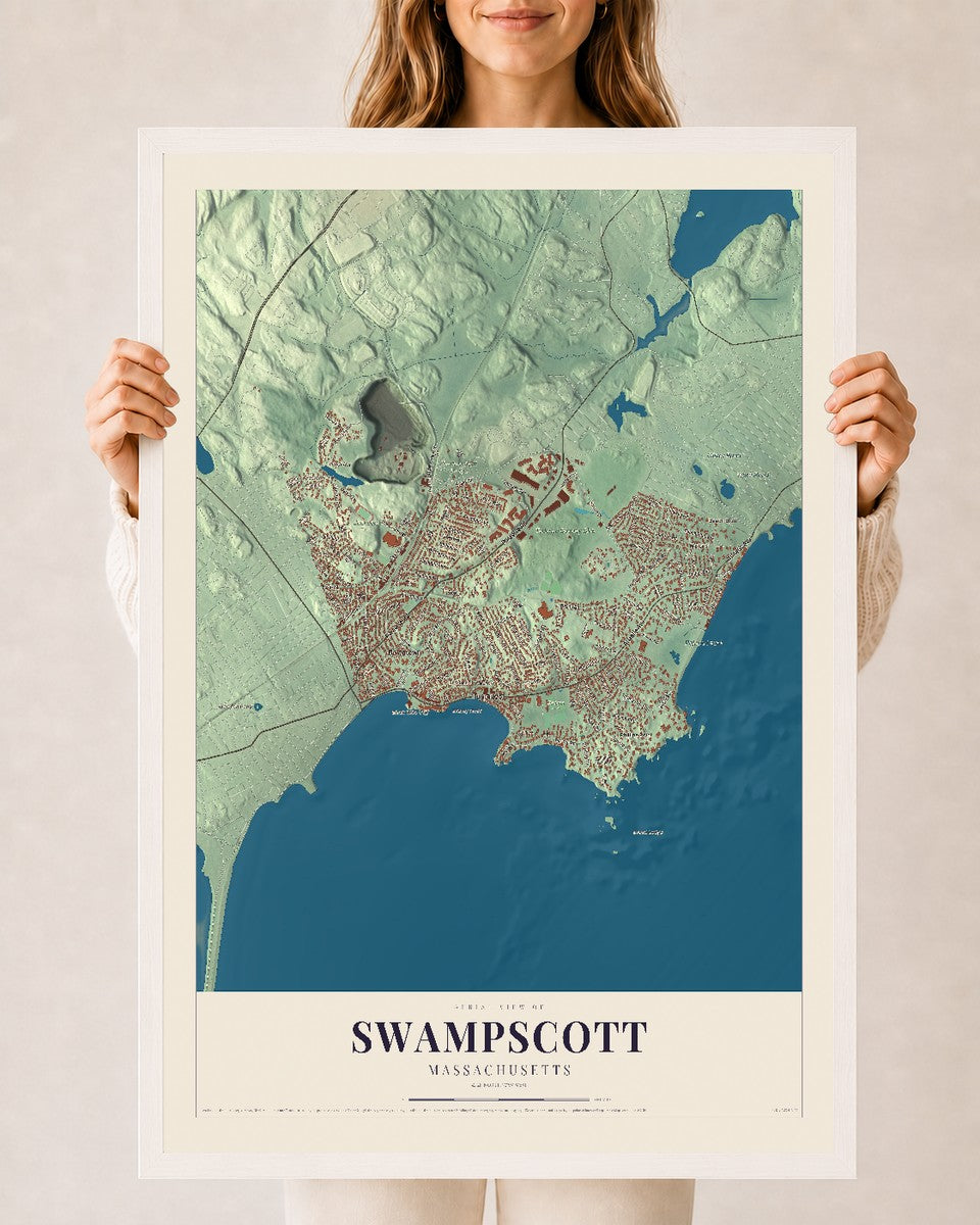 Swampscott, Massachusetts map print - 24 x 36 white Ayous wood frame
