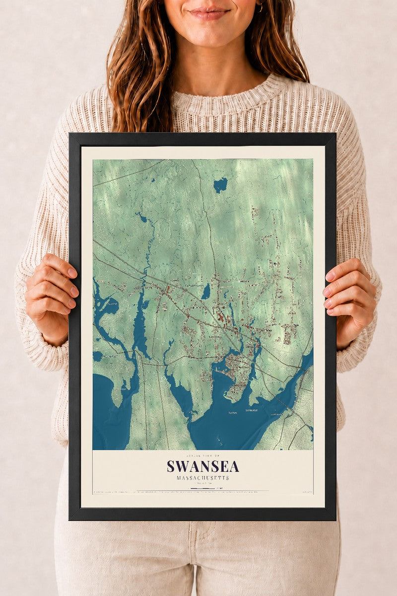 Swansea, Massachusetts map print - 12 x 18 black Ayous wood frame