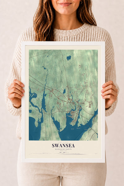 Swansea, Massachusetts map print - 12 x 18 white Ayous wood frame