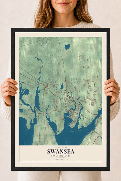 Swansea, Massachusetts map print - 18 x 24 black Ayous wood frame