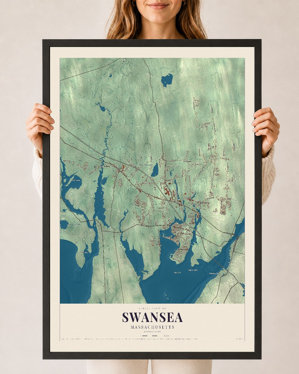 Swansea, Massachusetts map print - 24 x 36 black Ayous wood frame
