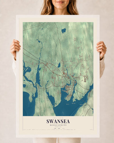 Swansea, Massachusetts map print - 24 x 36 white Ayous wood frame
