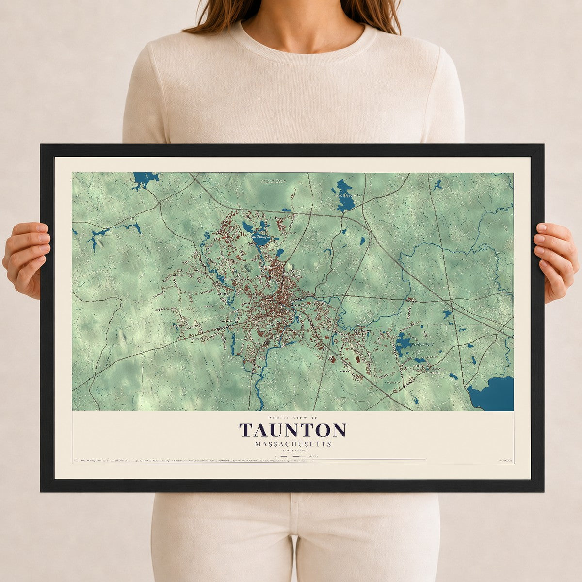 Taunton, Massachusetts map print - 12 x 18 black Ayous wood frame