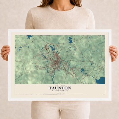 Taunton, Massachusetts map print - 12 x 18 white Ayous wood frame