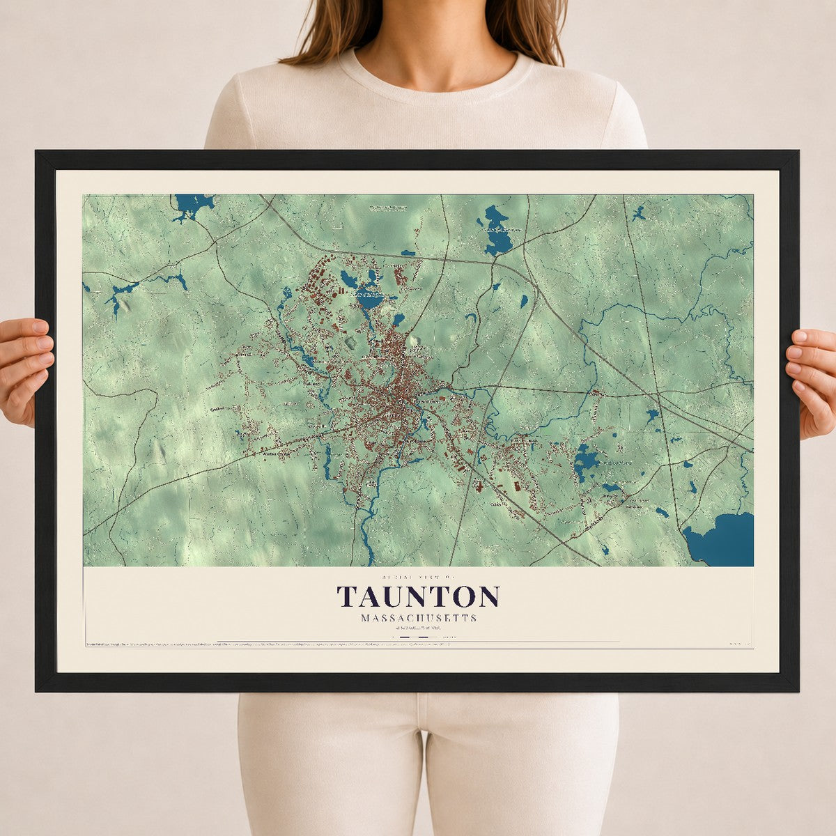Taunton, Massachusetts map print - 18 x 24 black Ayous wood frame
