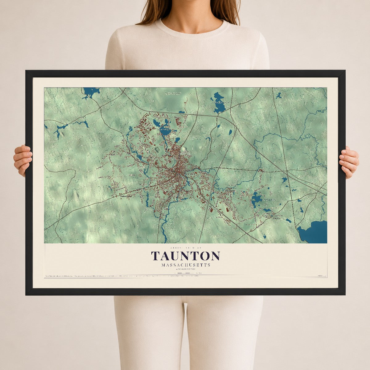 Taunton, Massachusetts map print - 24 x 36 black Ayous wood frame