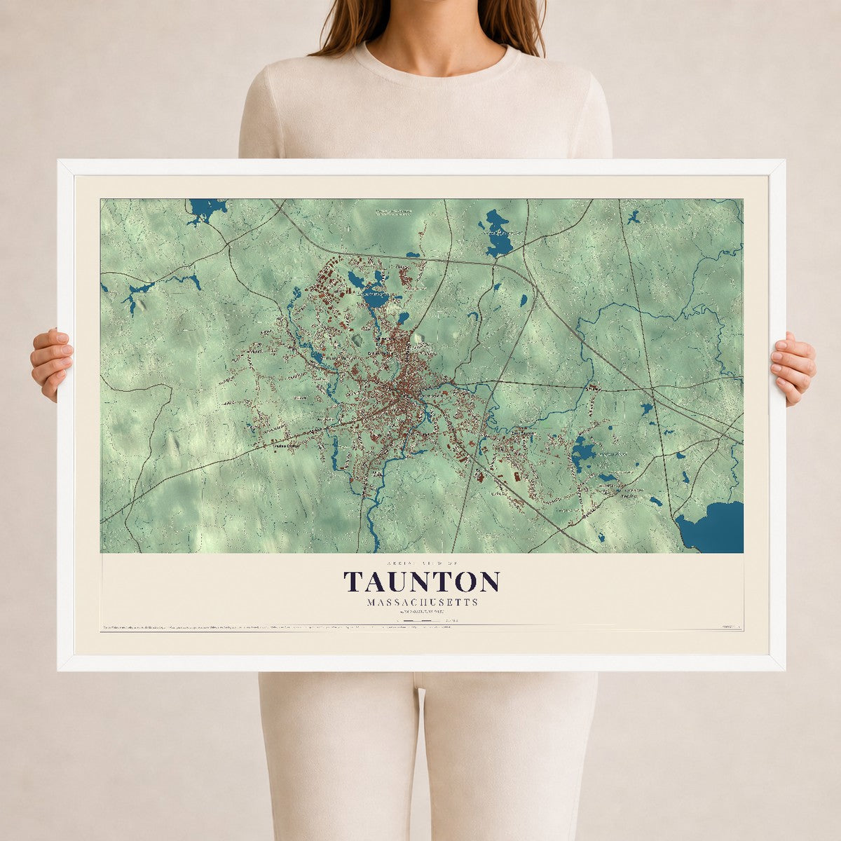 Taunton, Massachusetts map print - 24 x 36 white Ayous wood frame