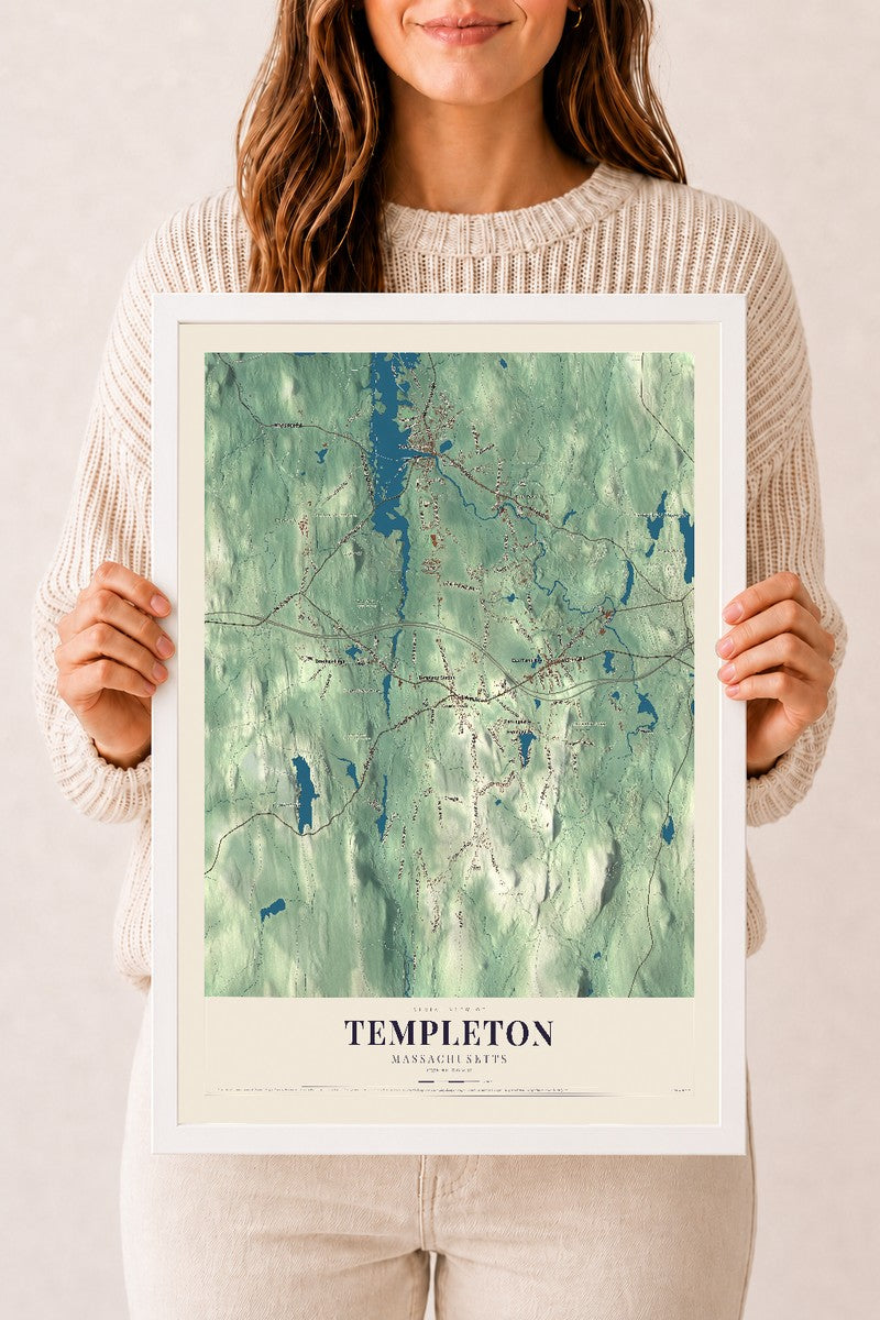 Templeton, Massachusetts map print - 12 x 18 white Ayous wood frame