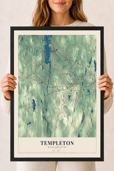 Templeton, Massachusetts map print - 18 x 24 black Ayous wood frame