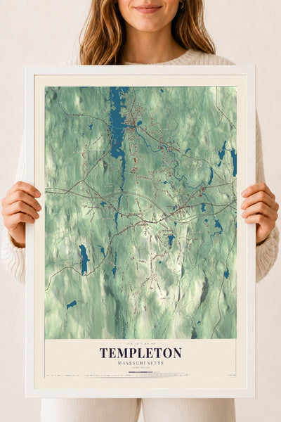 Templeton, Massachusetts map print - 18 x 24 white Ayous wood frame
