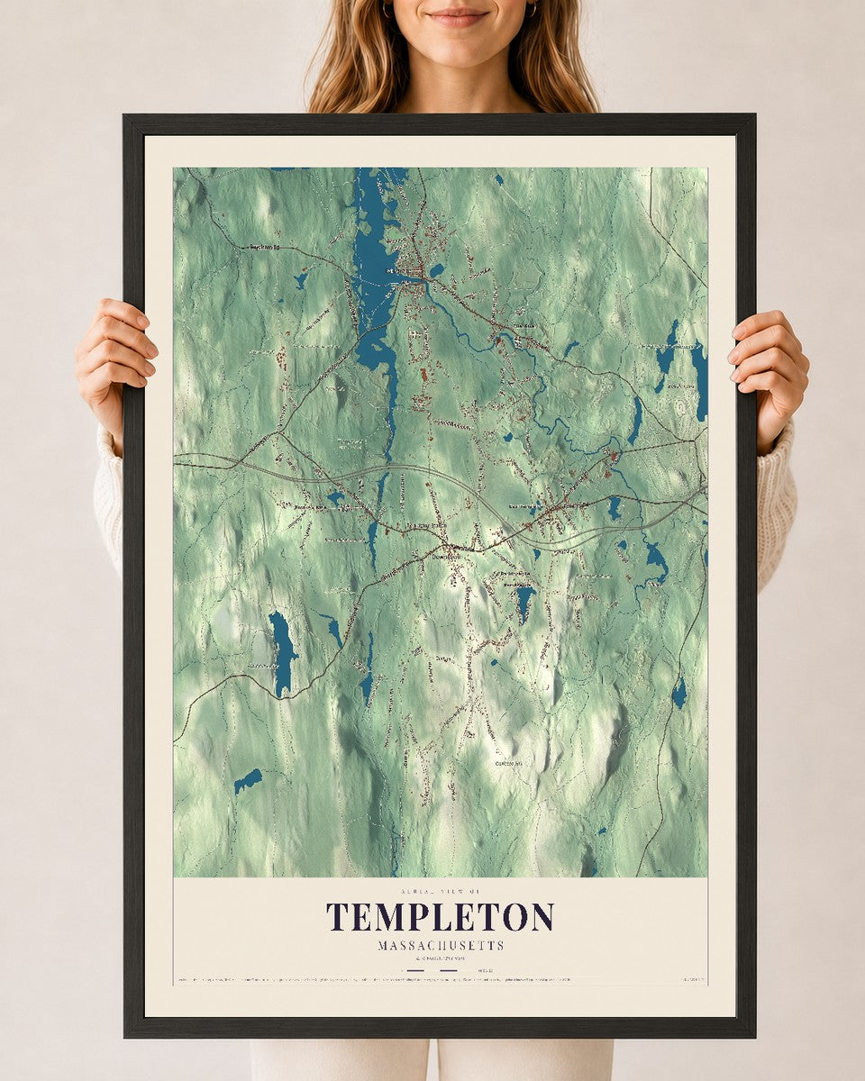 Templeton, Massachusetts map print - 24 x 36 black Ayous wood frame