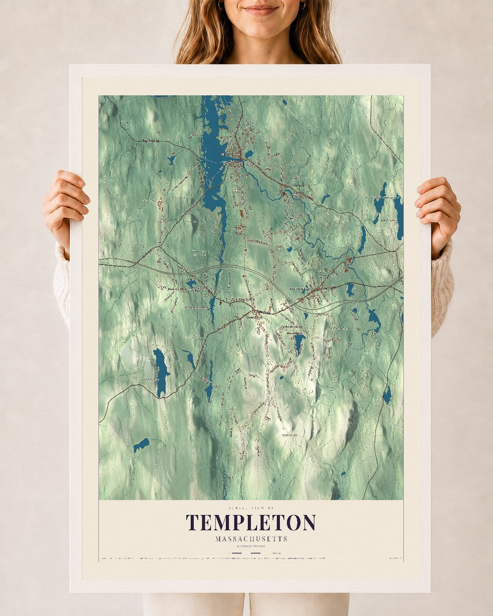 Templeton, Massachusetts map print - 24 x 36 white Ayous wood frame