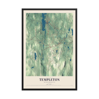 Map of Templeton, Massachusetts, 12 x 18 inch print in a black wood frame