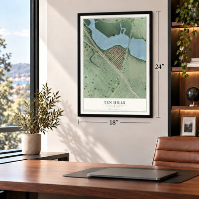 Ten Hills, Massachusetts map, 18 x 24 inch print in a black frame in a home office