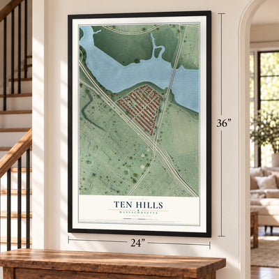 Ten Hills, Massachusetts map, 24 x 36 inch print in a black frame by a staircase