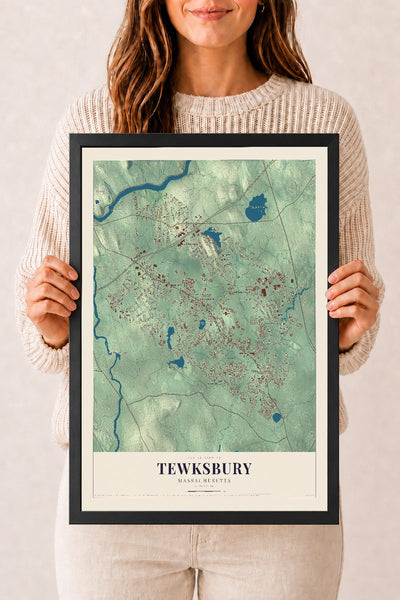 Tewksbury, Massachusetts map print - 12 x 18 black Ayous wood frame
