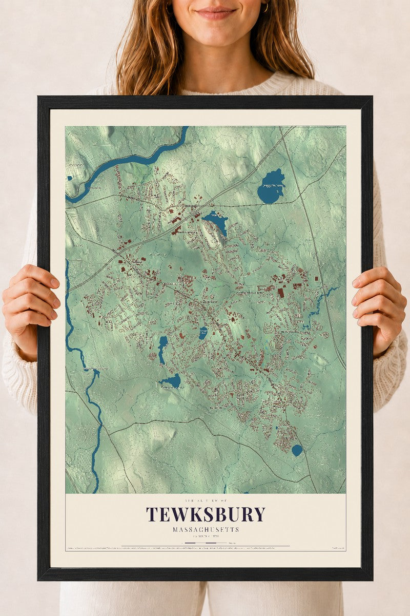 Tewksbury, Massachusetts map print - 18 x 24 black Ayous wood frame