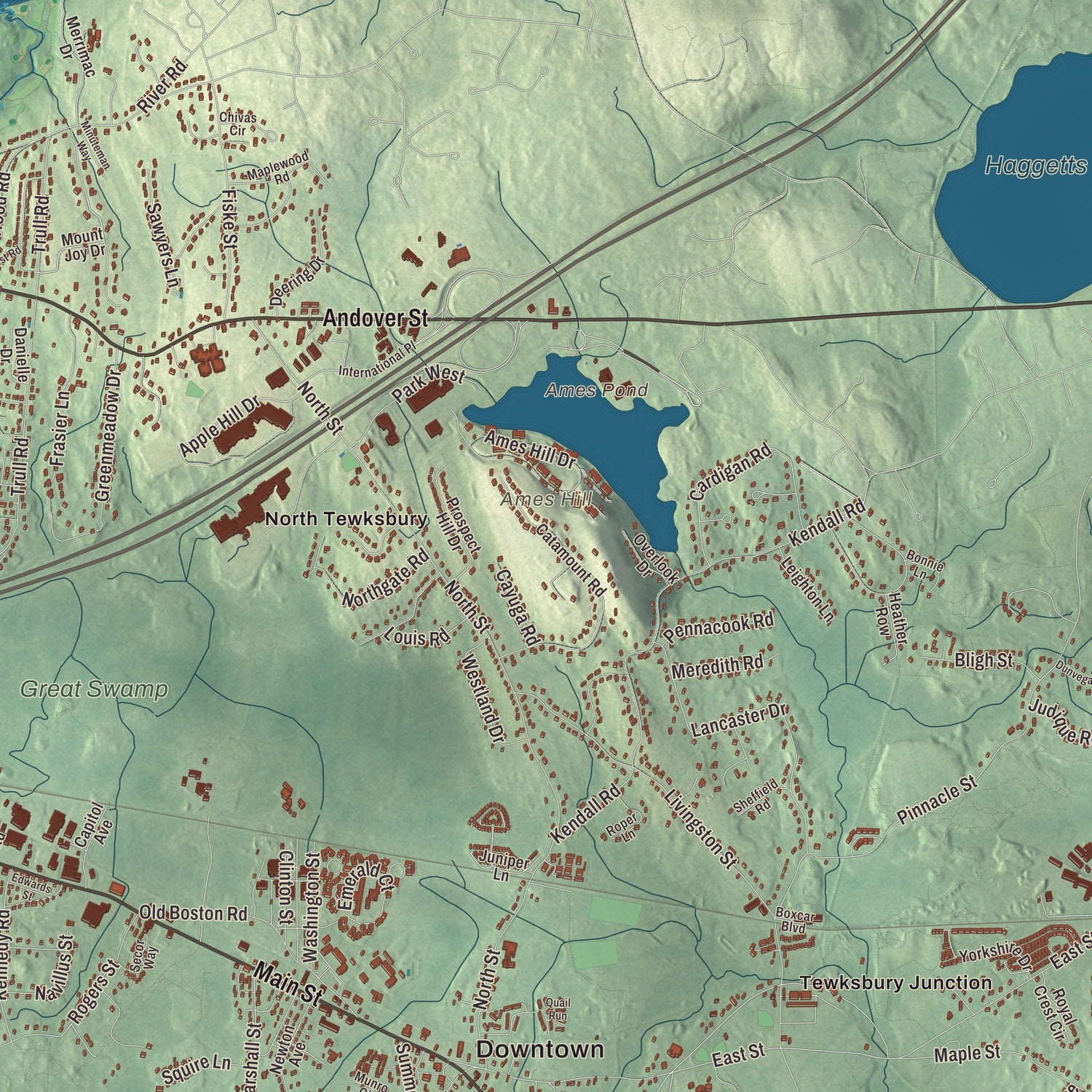 Terrain and local geography detail from the Tewksbury, Massachusetts map