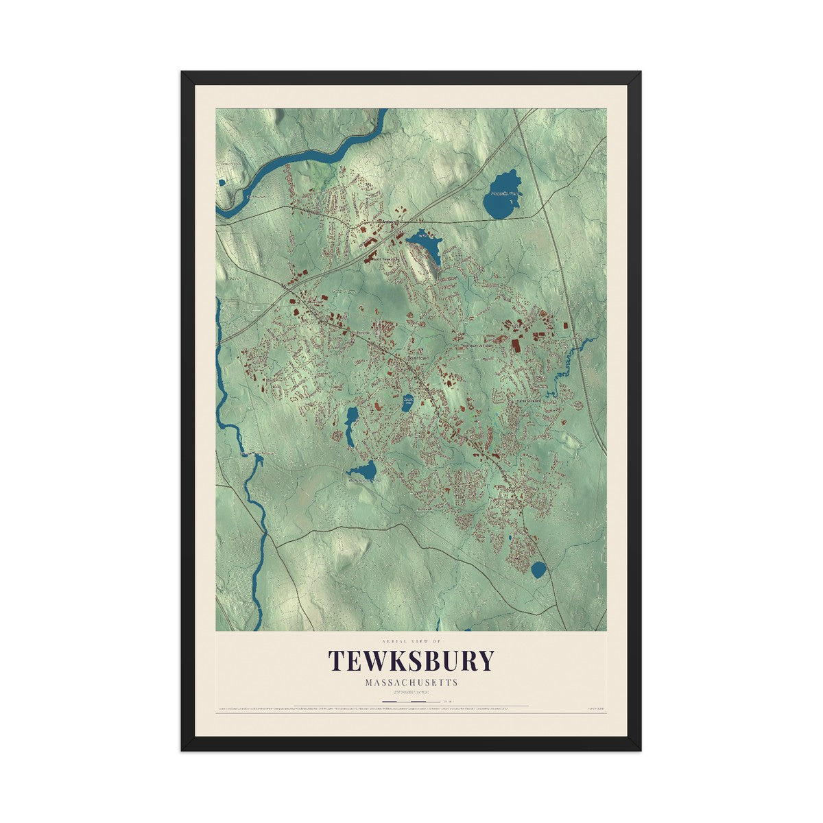 Map of Tewksbury, Massachusetts, 12 x 18 inch print in a black wood frame