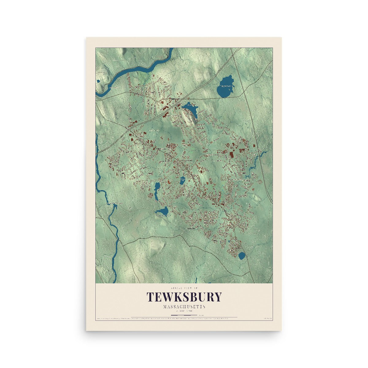 Map of Tewksbury, Massachusetts, 12 x 18 inch unframed archival matte print