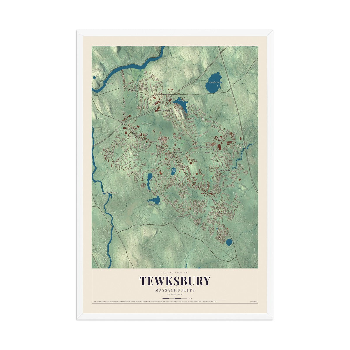 Map of Tewksbury, Massachusetts, 12 x 18 inch print in a white wood frame