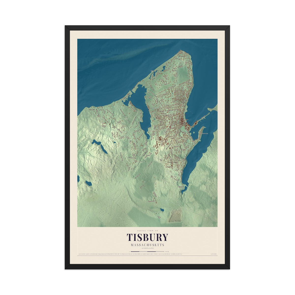 Map of Tisbury, Massachusetts, 12 x 18 inch print in a black wood frame