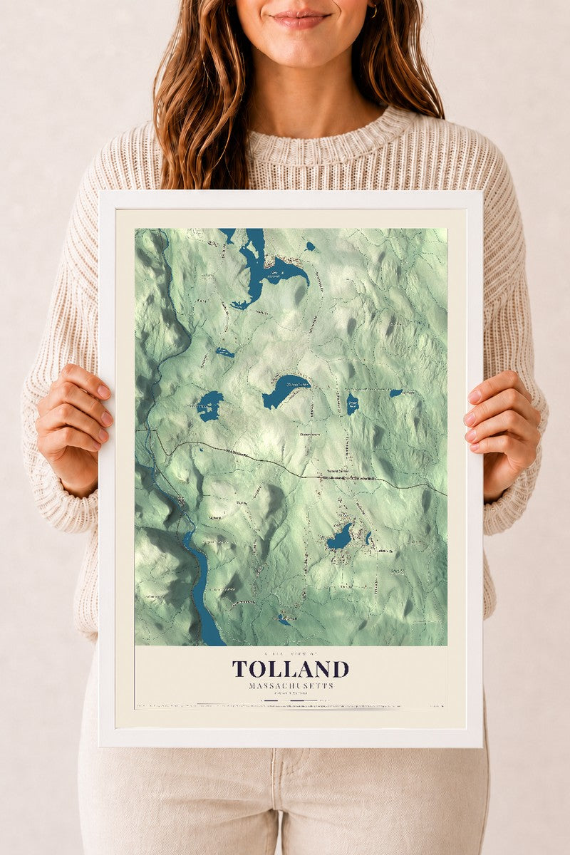 Tolland, Massachusetts map print - 12 x 18 white Ayous wood frame