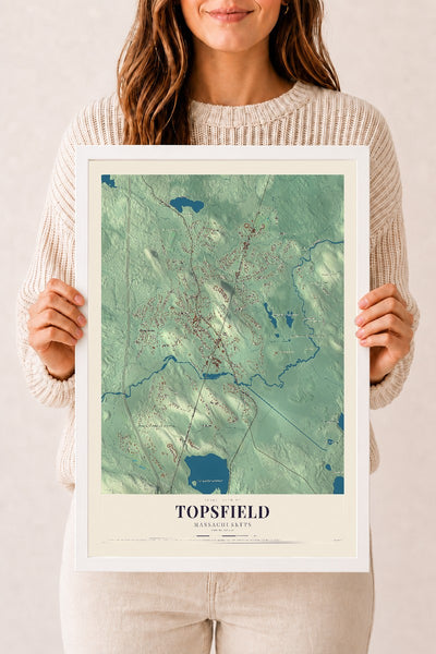 Topsfield, Massachusetts map print - 12 x 18 white Ayous wood frame