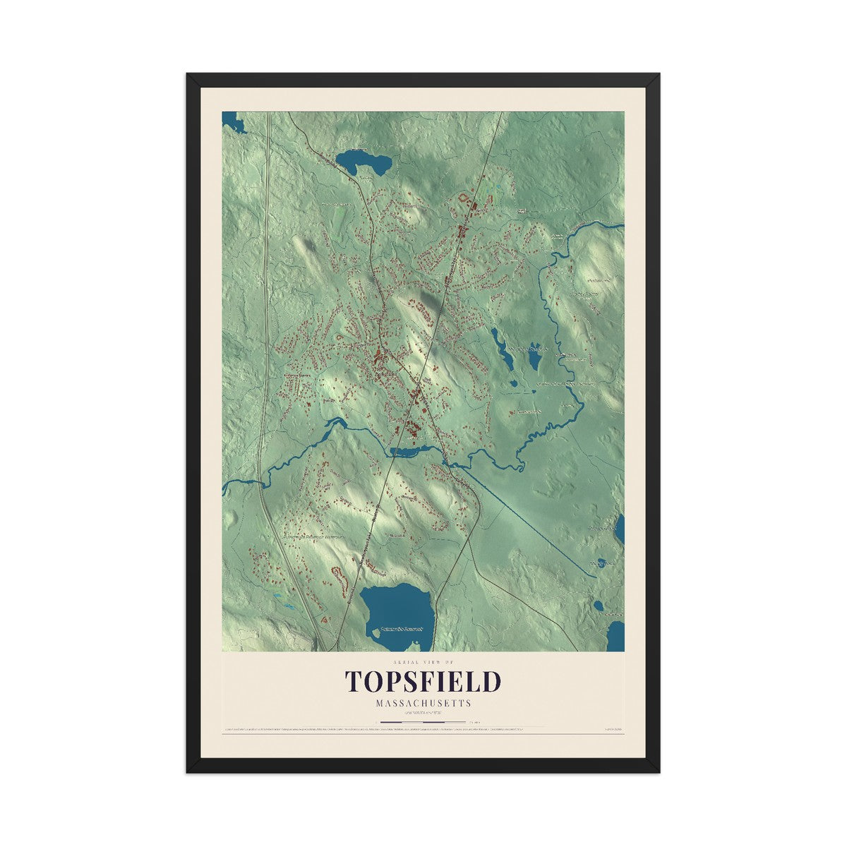 Map of Topsfield, Massachusetts, 12 x 18 inch print in a black wood frame