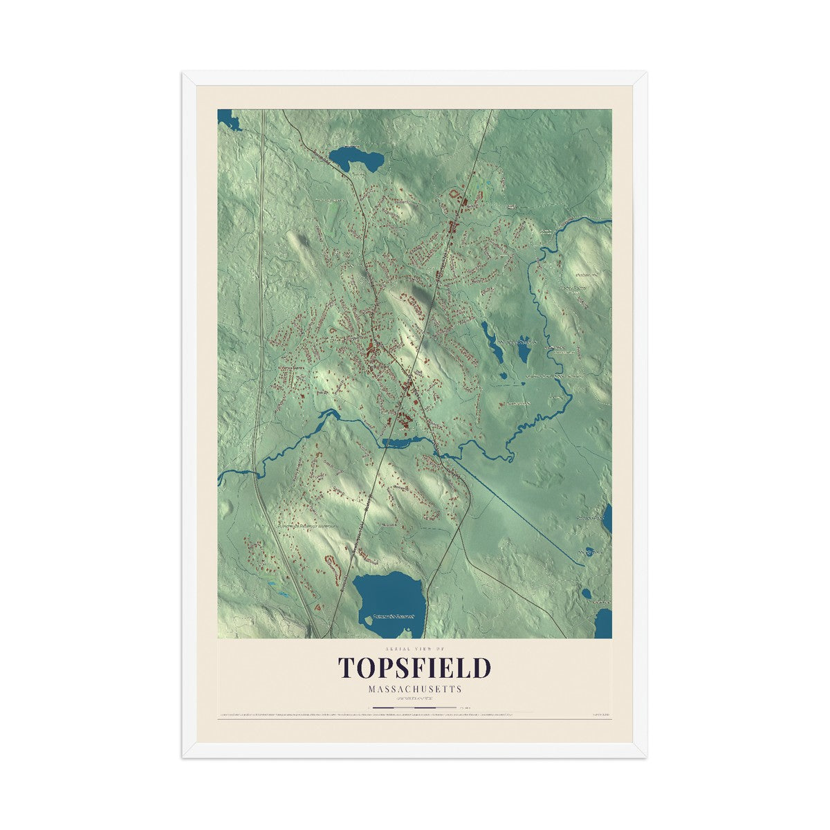 Map of Topsfield, Massachusetts, 12 x 18 inch print in a white wood frame