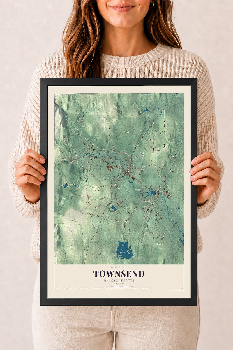 Townsend, Massachusetts map print - 12 x 18 black Ayous wood frame