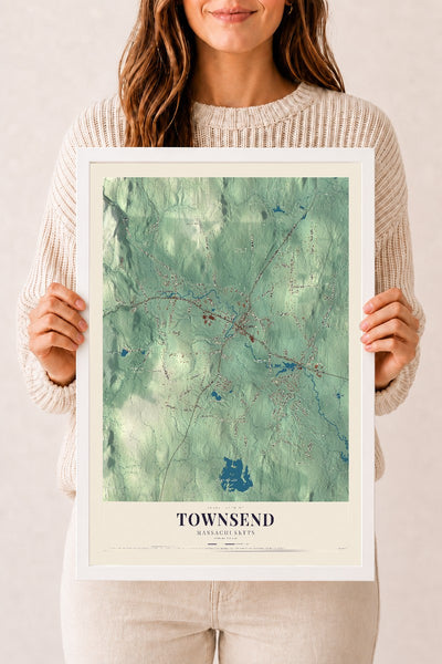 Townsend, Massachusetts map print - 12 x 18 white Ayous wood frame