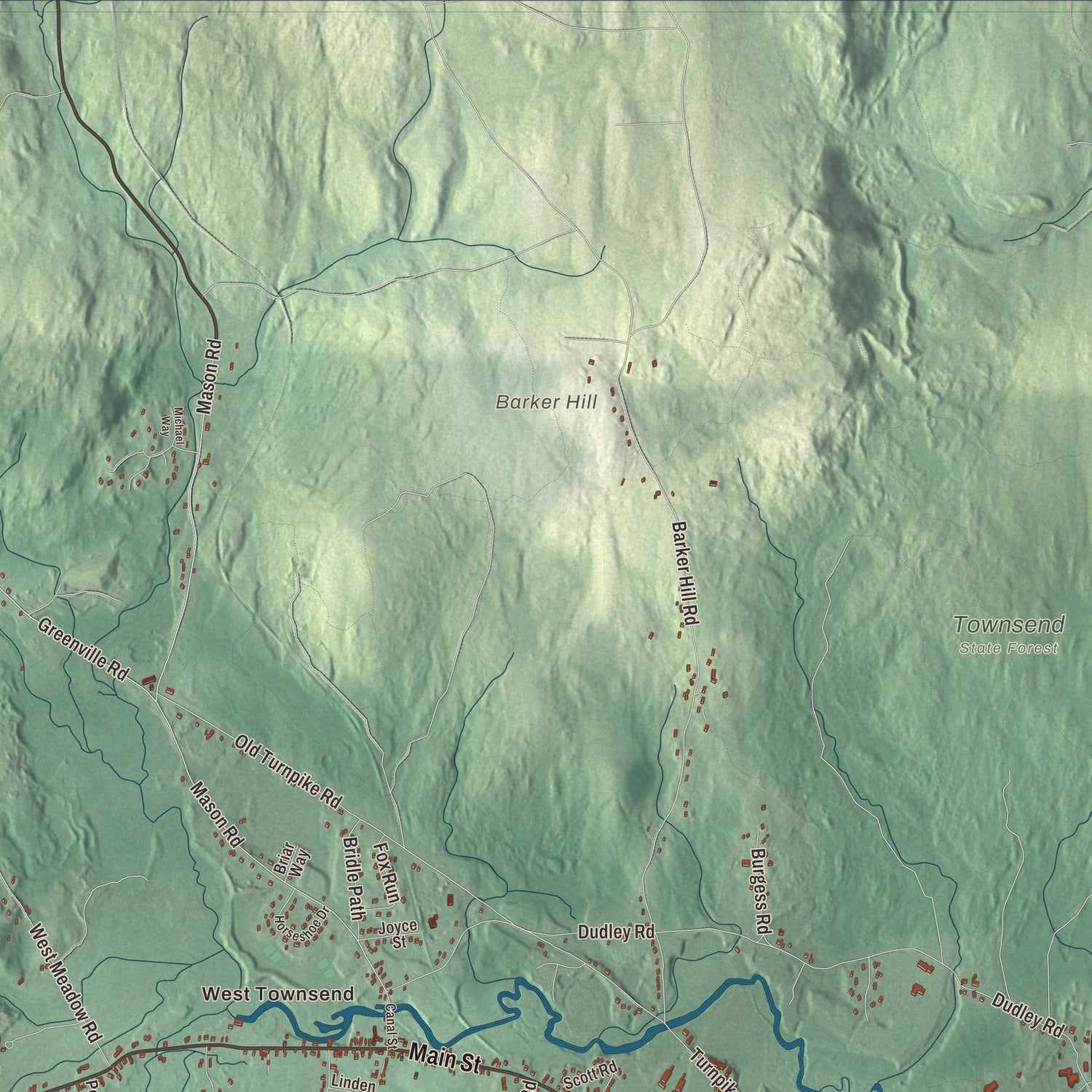 Terrain and local geography detail from the Townsend, Massachusetts map