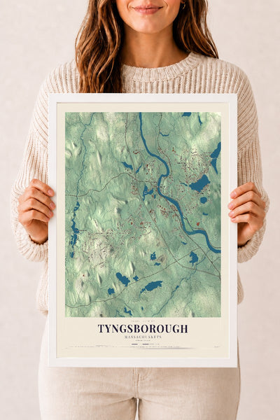 Tyngsborough, Massachusetts map print - 12 x 18 white Ayous wood frame