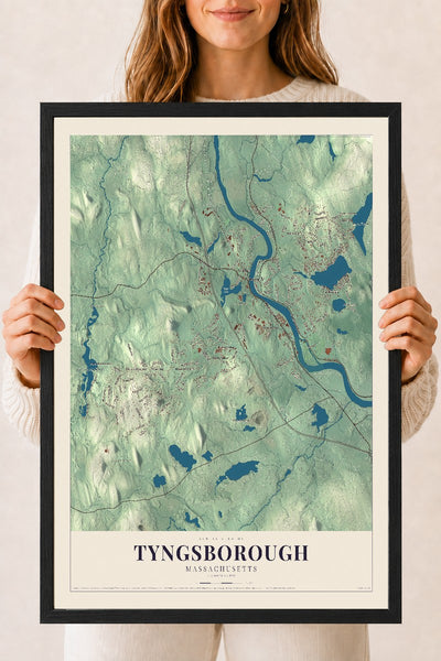 Tyngsborough, Massachusetts map print - 18 x 24 black Ayous wood frame