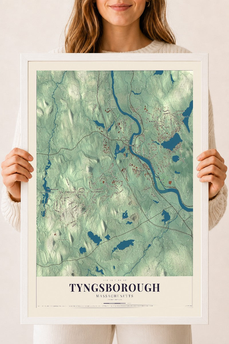 Tyngsborough, Massachusetts map print - 18 x 24 white Ayous wood frame