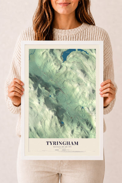 Tyringham, Massachusetts map print - 12 x 18 white Ayous wood frame
