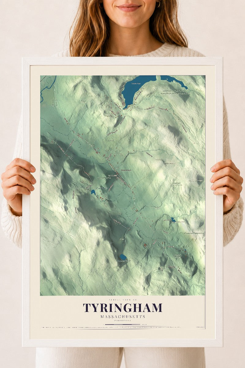 Tyringham, Massachusetts map print - 18 x 24 white Ayous wood frame