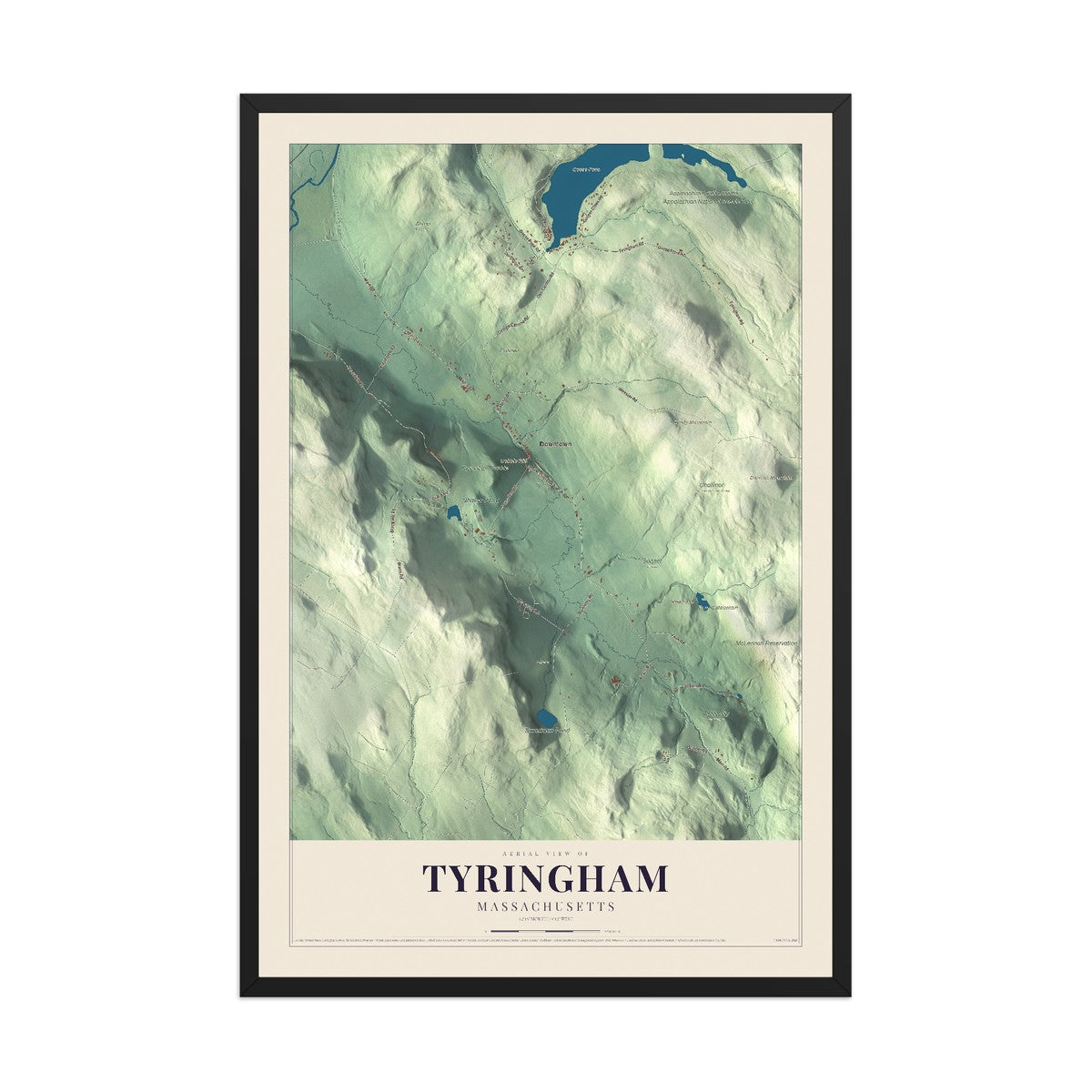 Map of Tyringham, Massachusetts, 12 x 18 inch print in a black wood frame