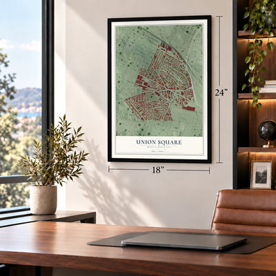 Union Square, Massachusetts map, 18 x 24 inch print in a black frame in a home office