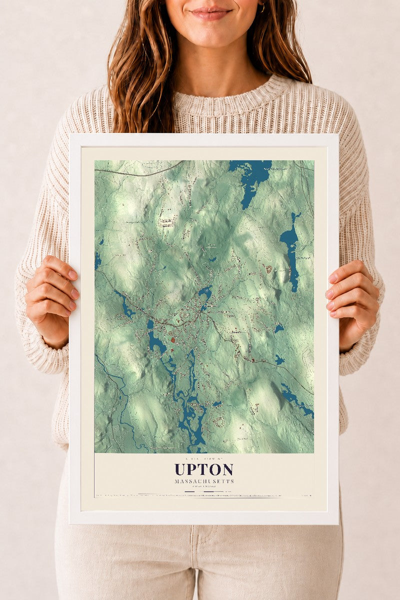 Upton, Massachusetts map print - 12 x 18 white Ayous wood frame