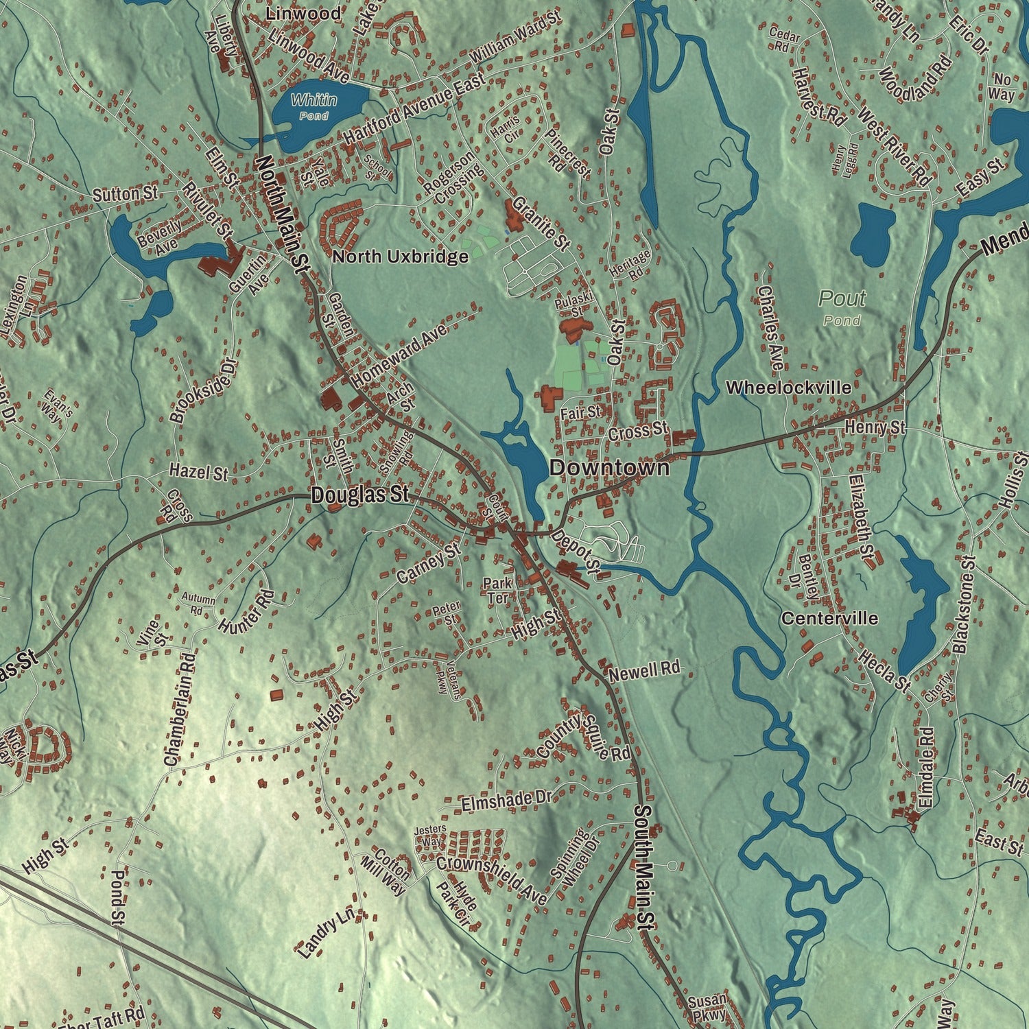 Street and neighborhood detail from the Uxbridge, Massachusetts map