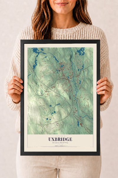 Uxbridge, Massachusetts map print - 12 x 18 black Ayous wood frame
