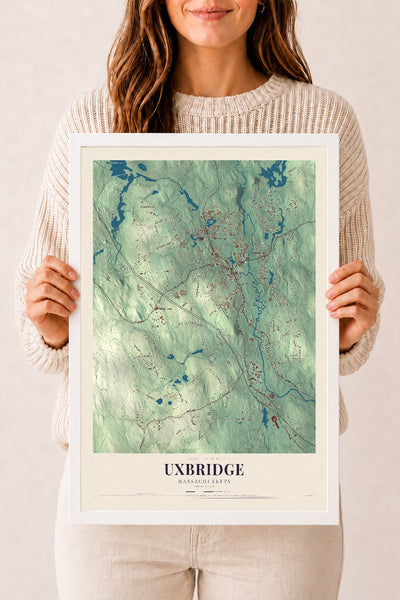 Uxbridge, Massachusetts map print - 12 x 18 white Ayous wood frame